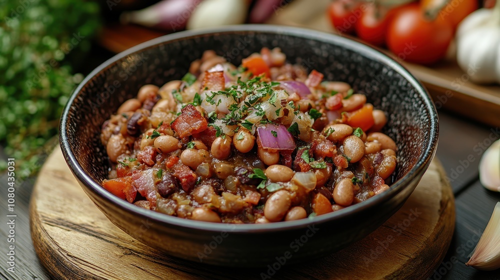 A close-up of a bowl of baked beans. This photo is ideal for showcasing a delicious and hearty dish. A close-up of a bowl of baked beans. This photo is ideal for showcasing a delicious and hearty dish.