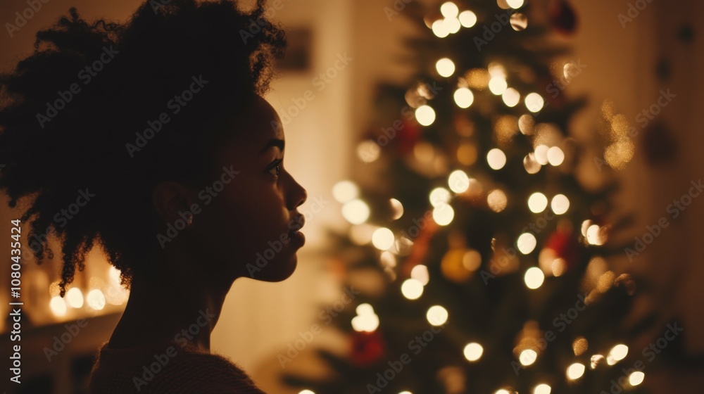 Black girl looking amazed at the Christmas tree with lights, cozy home setting with warm ambient light, Black girl looking amazed at the Christmas tree with lights, cozy home setting with warm ambient light,