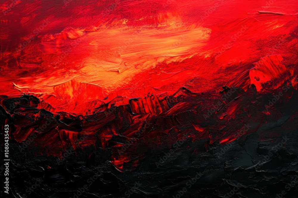 Fototapeta premium Richly textured acrylic background featuring bold reds and deep blacks, reflecting the intensity and drama of a fiery sunset over a rugged landscape
