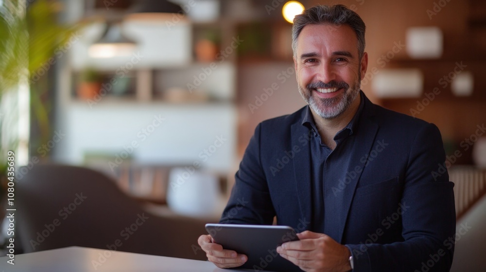 Businessman with a tablet in his hands, smiling and sitting at a table in a modern office, background slightly blurred with office decor Businessman with a tablet in his hands, smiling and sitting at a table in a modern office, background slightly blurred with office decor