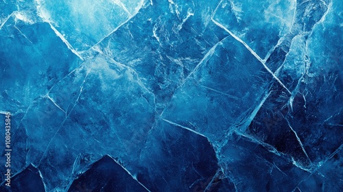 Close-up of crystalline ice surface with intricate patterns and shades of blue.