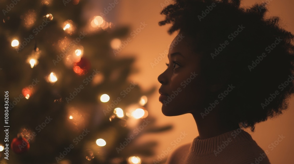 Black girl looking amazed at the Christmas tree with lights, cozy home setting with warm ambient light, Black girl looking amazed at the Christmas tree with lights, cozy home setting with warm ambient light,