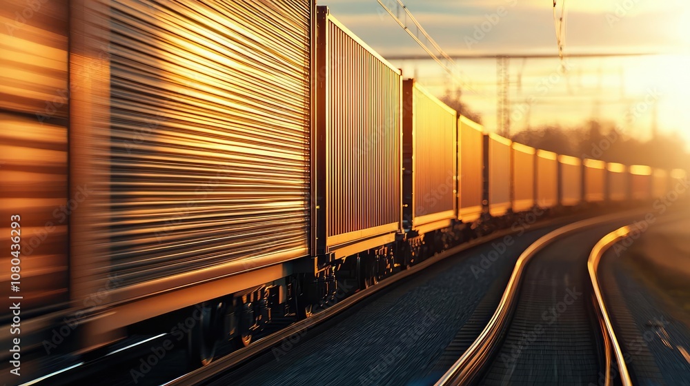 Freight train in motion during sunset, vibrant colors and dynamic lines. Freight train in motion during sunset, vibrant colors and dynamic lines.
