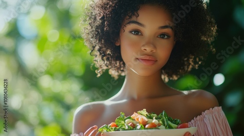 african-american girl with curly hair wearing a pink dress eating vegetable salad with blurred green trees in the background daylight