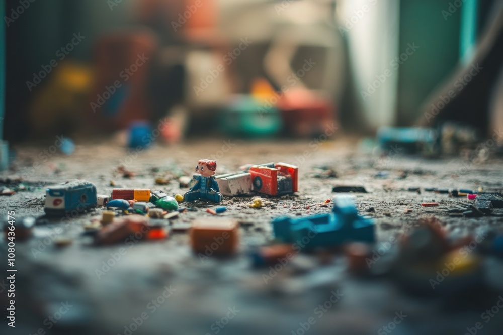 Group of forgotten toys scattered on a dusty floor, shallow depth of field capturing playful essence, whimsical atmosphere evoking childhood memories, echoes of laughter Group of forgotten toys scattered on a dusty floor, shallow depth of field capturing playful essence, whimsical atmosphere evoking childhood memories, echoes of laughter