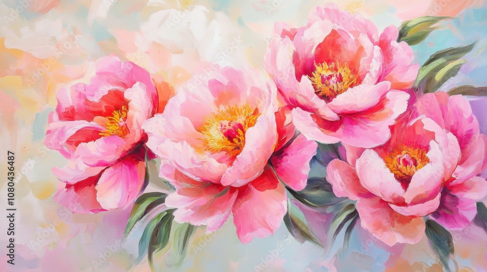 Pink peonies in bloom, close-up on soft petals, bright colors, delicate and fresh floral arrangement, vibrant and lush flowers Pink peonies in bloom, close-up on soft petals, bright colors, delicate and fresh floral arrangement, vibrant and lush flowers