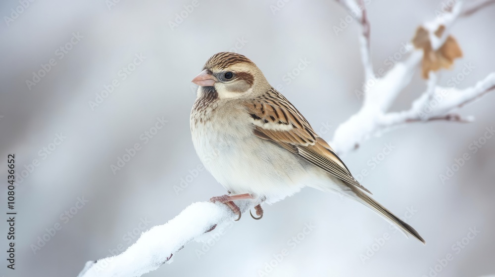 A bird is sitting on a branch covered in snow. The bird is brown and white A bird is sitting on a branch covered in snow. The bird is brown and white