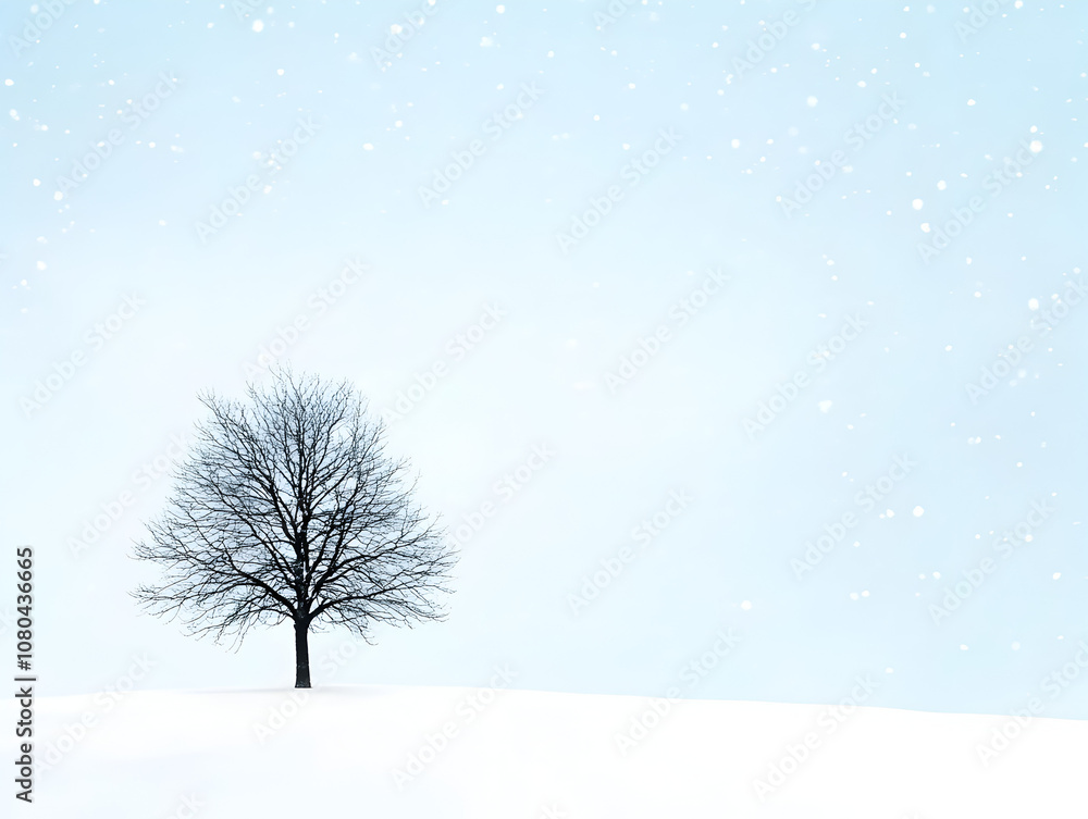 Fototapeta premium A minimalist winter landscape with a lone tree and falling snowflakes against a pale blue sky, evoking peace and tranquility. A tranquil winter scene.