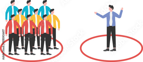 Leadership, unique businessman, isolated from crowd, one businessman standing inside red marker circle and another group of businessmen standing together.


