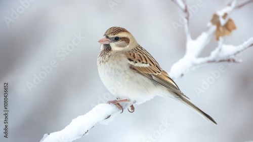 A bird is sitting on a branch covered in snow. The bird is brown and white