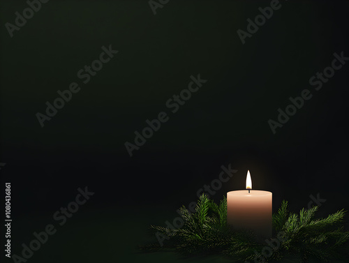 A single lit candle with evergreen branches around it, against a dark background, creating a warm and inviting atmosphere. A candle surrounded by greenery.


 photo