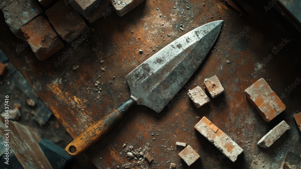 A top-down view of a masonry trowel lying on a workbench, with bricks nearby. The focus is on the trowel's design and sharpness. A top-down view of a masonry trowel lying on a workbench, with bricks nearby. The focus is on the trowel's design and sharpness.