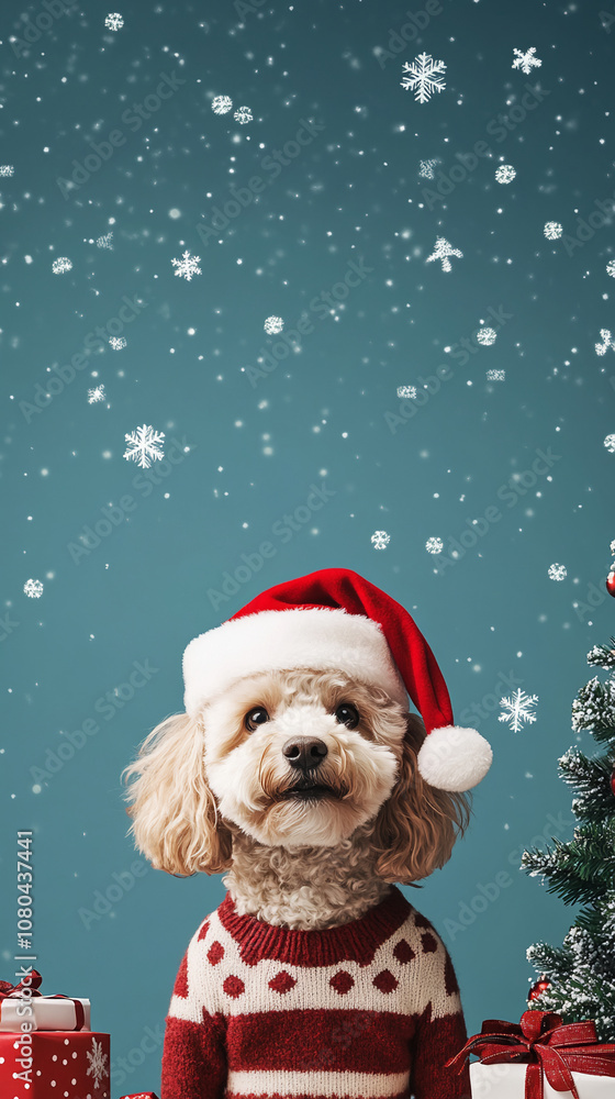 cute poodle dog with cristmas tree and presents xmas and new year background cute poodle dog with cristmas tree and presents xmas and new year background