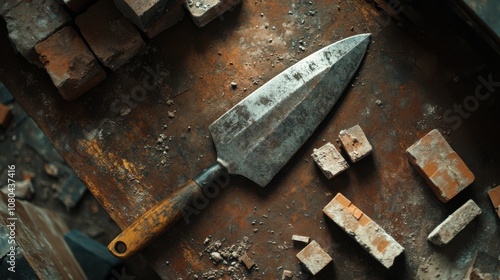 A top-down view of a masonry trowel lying on a workbench, with bricks nearby. The focus is on the trowel's design and sharpness.