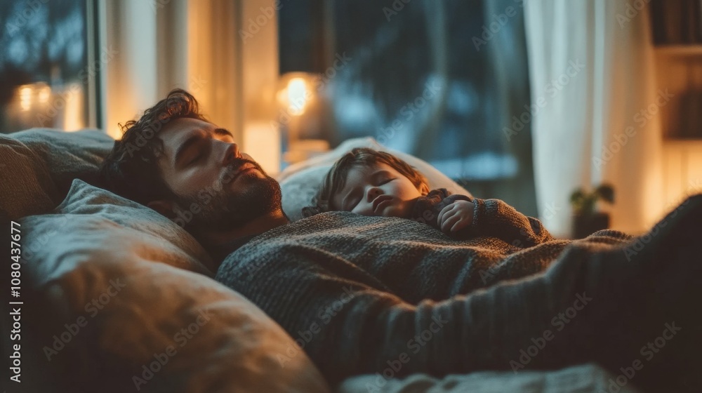 tired man in casual wear lying on the couch with a child asleep on his chest, cozy living room setup, warm evening light tired man in casual wear lying on the couch with a child asleep on his chest, cozy living room setup, warm evening light