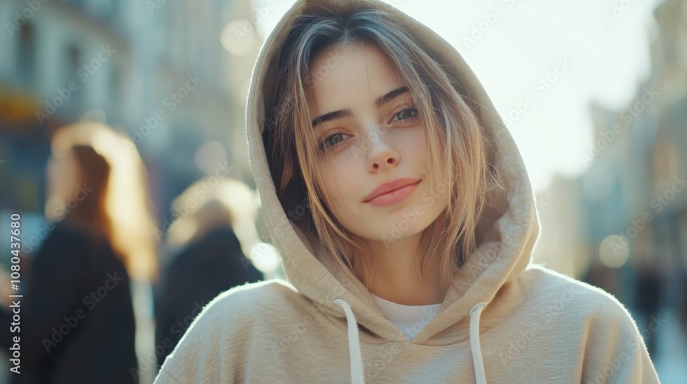 woman with dyed hair in a beige hoodie, looking pleased while listening to music, people and buildings softly blurred in the background, gentle daylight woman with dyed hair in a beige hoodie, looking pleased while listening to music, people and buildings softly blurred in the background, gentle daylight