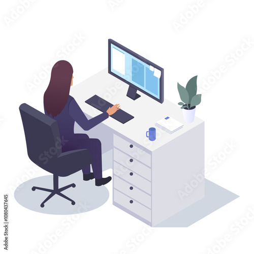 A woman sits at a desk using a computer with a plant nearby. Vector illustration