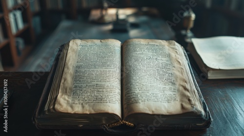 A top-down view of an old leather-bound book lying open on a desk, with visible pages and handwritten text. Background shows a soft bokeh of a study room.