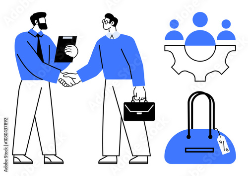 Businessmen shaking hands, one holding notebook and other briefcase, team icon with gear and three people, handbag with price tag. Ideal for partnership, teamwork, professionalism, retail, commerce