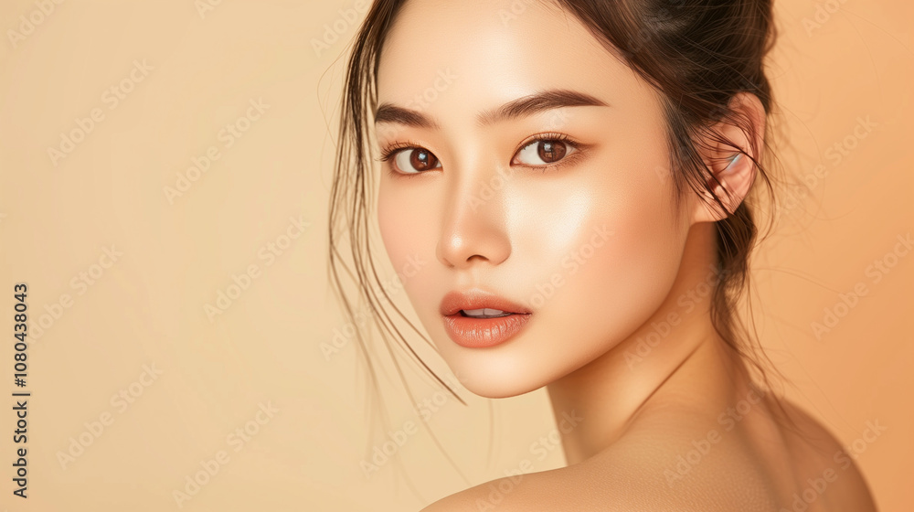 Beautiful Asian woman on a beige background. Isolated subject. Beautiful Asian woman on a beige background. Isolated subject.