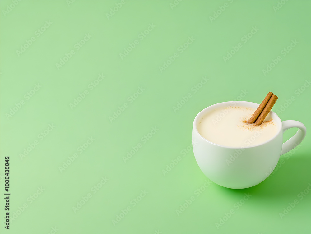 A simple image of a cup of eggnog with a cinnamon stick, set against a muted green background, evoking holiday warmth. A cup of eggnog on a green surface.
A simple image of a cup of eggnog with a cinnamon stick, set against a muted green background, evoking holiday warmth. A cup of eggnog on a green surface.