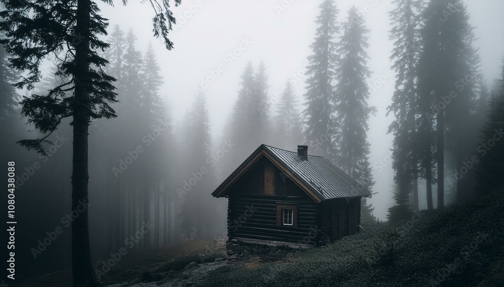 Cabin in the dark woods monochrome image Cabin in the dark woods monochrome image