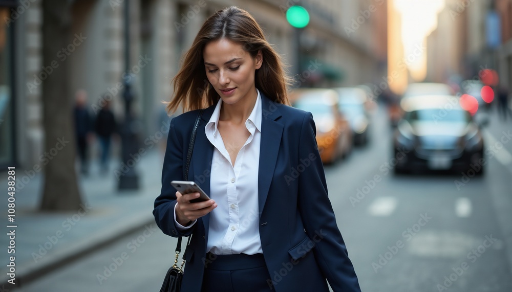Fototapeta premium A confident professional woman in a business suit is smiling while holding her smartphone outdoors. The image captures a sense of professionalism and success in a modern urban setting.