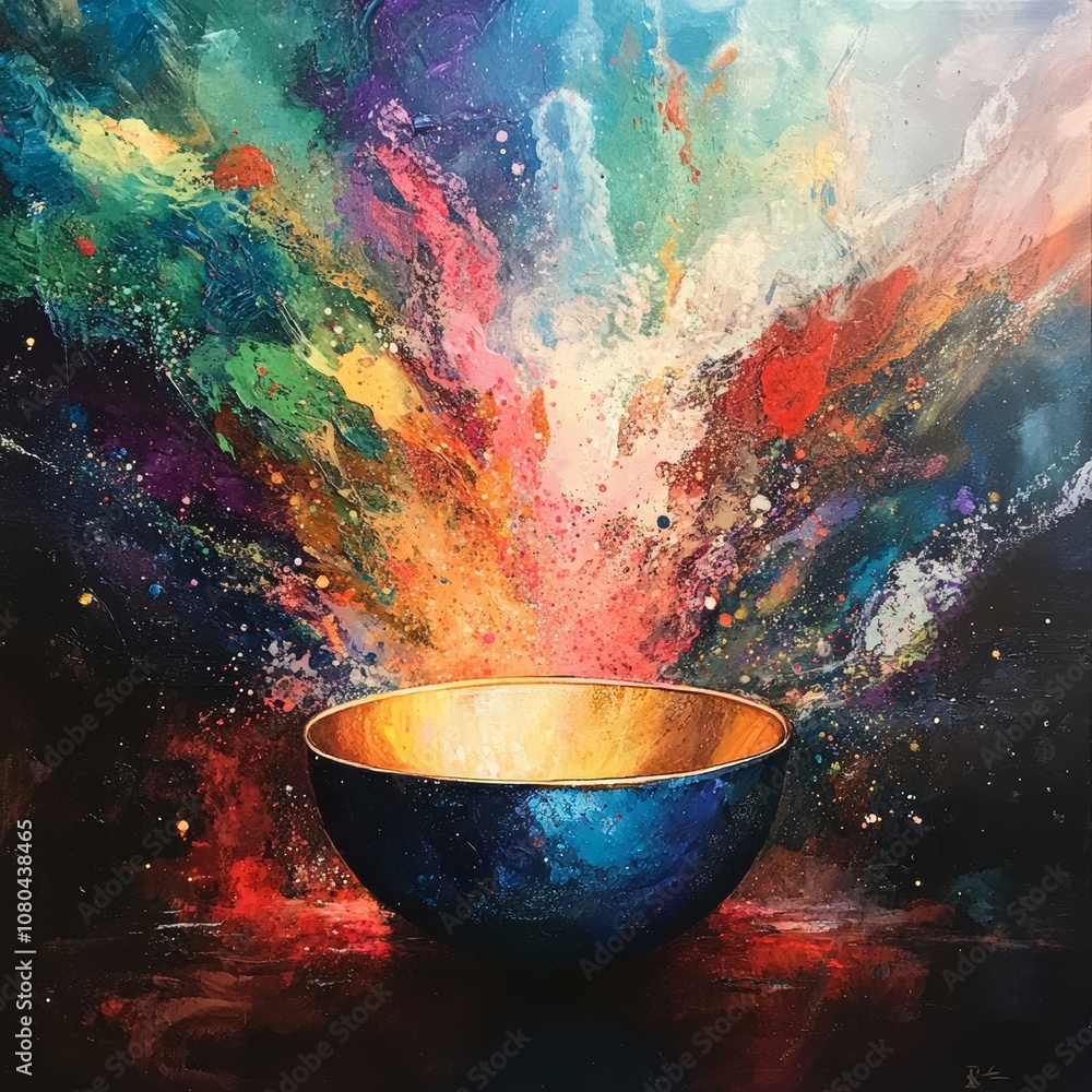 A stunning abstract painting showcasing a burst of vibrant colors emerging from a golden bowl, symbolizing creativity and energy. A stunning abstract painting showcasing a burst of vibrant colors emerging from a golden bowl, symbolizing creativity and energy.