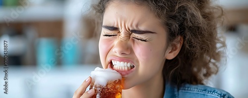 The person winces in discomfort as she touches her cheek, feeling the sharp twinge of sensitivity in her teeth after indulging in a refreshing but icy cold soda. photo