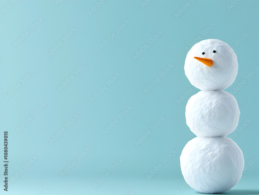 Obraz premium A minimalist snowman made of three snowballs with a single carrot nose, set against a pale blue background. A simple snowman illustration.