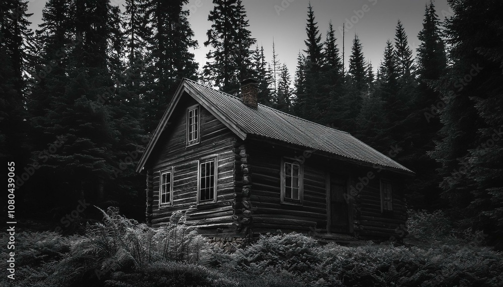 Cabin in the dark woods monochrome image Cabin in the dark woods monochrome image