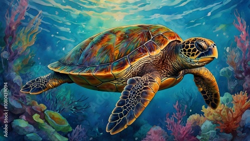 Underwater Serenity: A Colorful Sea Turtle in the Deep