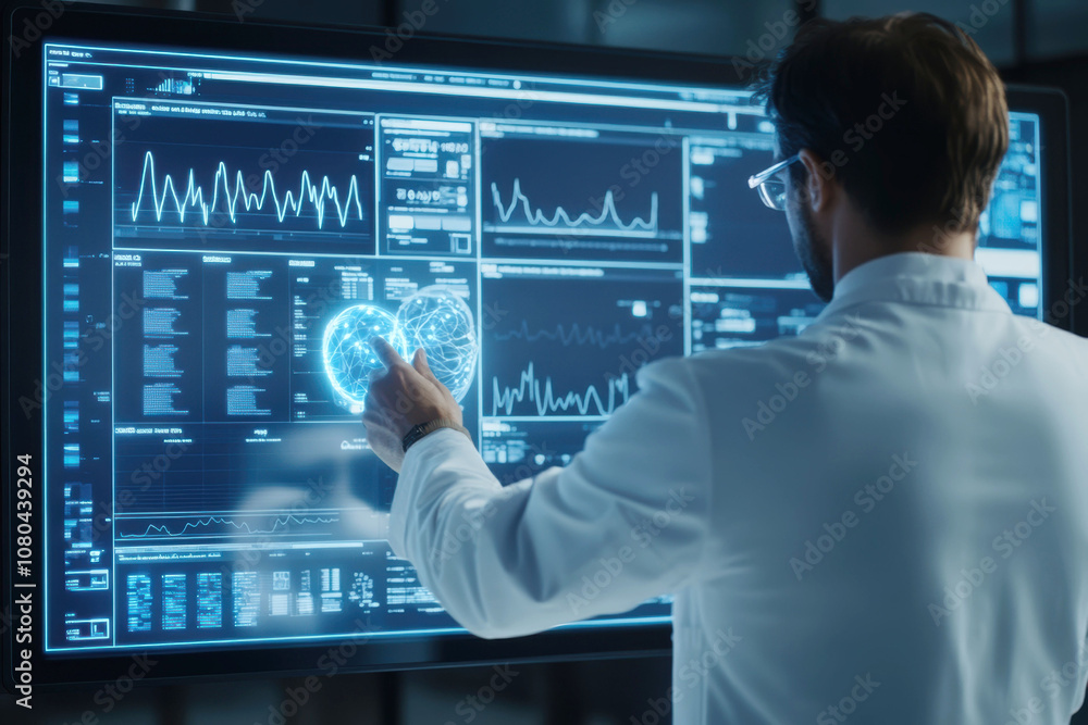 Scientist analyzing data on futuristic digital interface for advanced medical research Scientist analyzing data on futuristic digital interface for advanced medical research