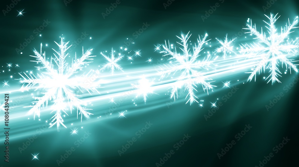 Glowing White Snowflakes on a Teal and Black Background Glowing White Snowflakes on a Teal and Black Background