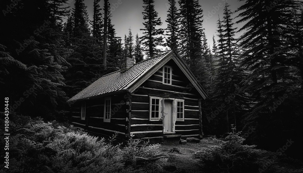 Cabin in the dark woods monochrome image Cabin in the dark woods monochrome image