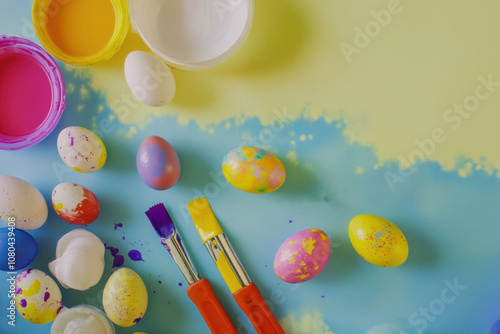 Creative Easter egg dyeing setup with vibrant colors for holiday celebration photo