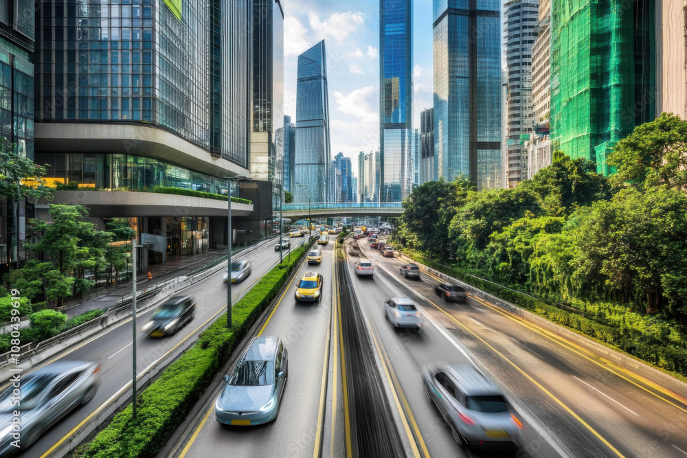 Urban cityscape with modern skyscrapers and dynamic traffic in central business district Urban cityscape with modern skyscrapers and dynamic traffic in central business district