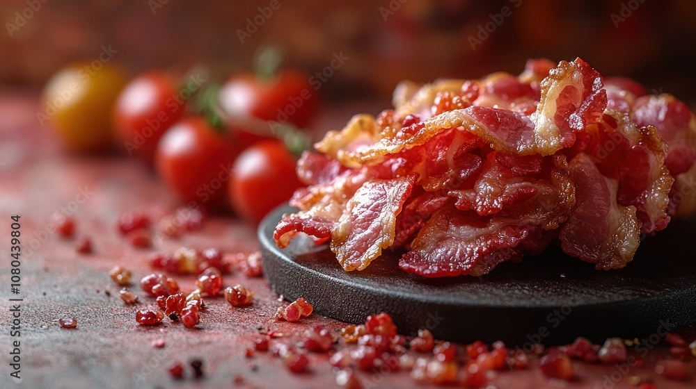 A close-up of crispy bacon pieces on a dark plate with tomatoes. A close-up of crispy bacon pieces on a dark plate with tomatoes.