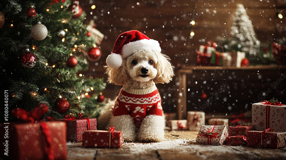 cute poodle dog with cristmas tree and presents xmas and new year background cute poodle dog with cristmas tree and presents xmas and new year background