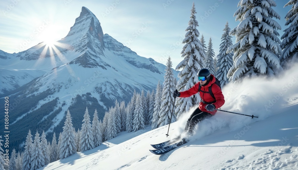 Dynamic shot of skier in red jacket carving through pristine powder snow. Majestic mountain peak and snow-covered pine trees create stunning winter backdrop with dramatic sunburst behind summit Dynamic shot of skier in red jacket carving through pristine powder snow. Majestic mountain peak and snow-covered pine trees create stunning winter backdrop with dramatic sunburst behind summit