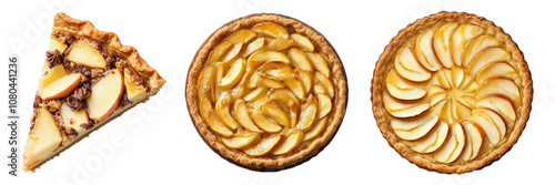 set of Apple pies on transparent background, top view, PNG photo