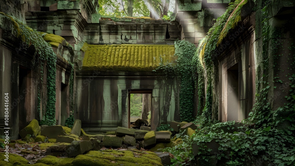 Moss-covered ancient temple ruins in dense forest Moss-covered ancient temple ruins in dense forest