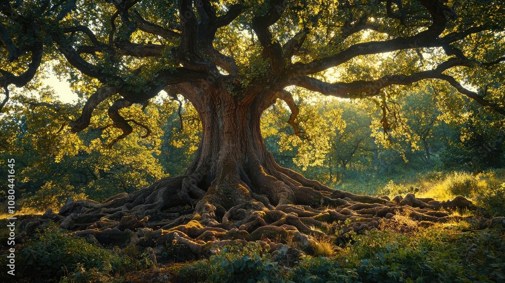 Ancient tree with sprawling roots and vibrant green leaves under sunlight. Ancient tree with sprawling roots and vibrant green leaves under sunlight.