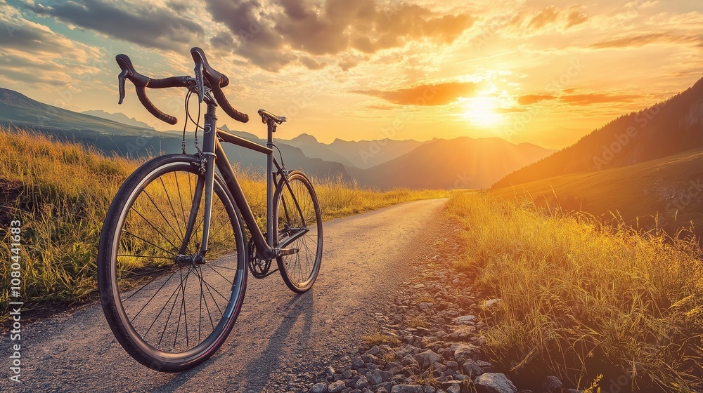 Naklejka premium road bike leaning against a mountain trail sign, with rugged terrain and scenic mountain views behind it