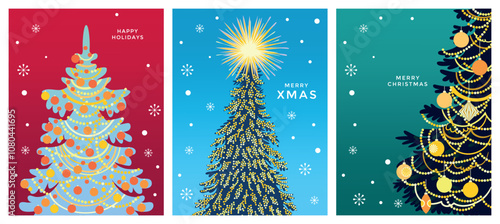 Vector Set of Merry Christmas greeting card. Trendy  design with Christmas tree decorations, gifts, snowflakes, stars. Handmade drawing vector illustration.