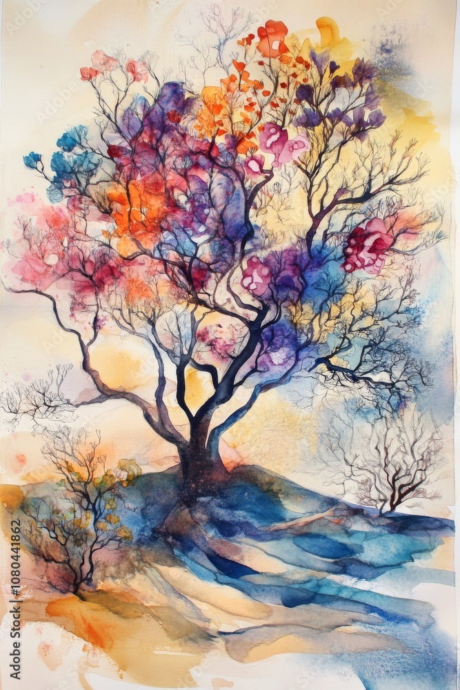 Naklejka premium A painting of a tree with many colors. The tree is on a hill. The painting is on a white background