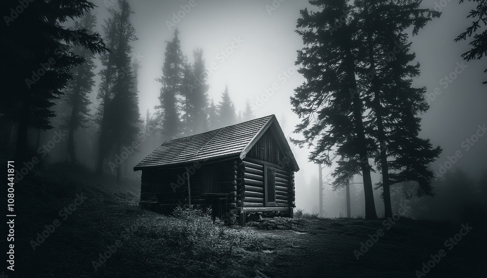 Cabin in the dark woods monochrome image Cabin in the dark woods monochrome image