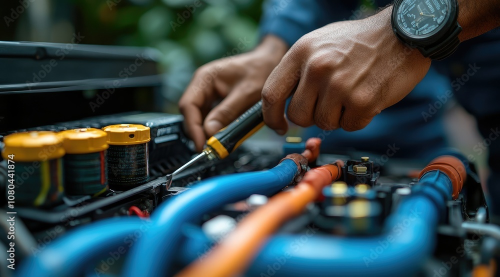 A mechanic working on the engine of an electric car, focusing on the electrical components. A mechanic working on the engine of an electric car, focusing on the electrical components.