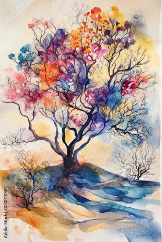 A painting of a tree with many colors. The tree is on a hill. The painting is on a white background