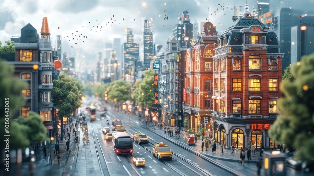 Fototapeta premium Urban scene with modern buildings, traffic, and pedestrians.